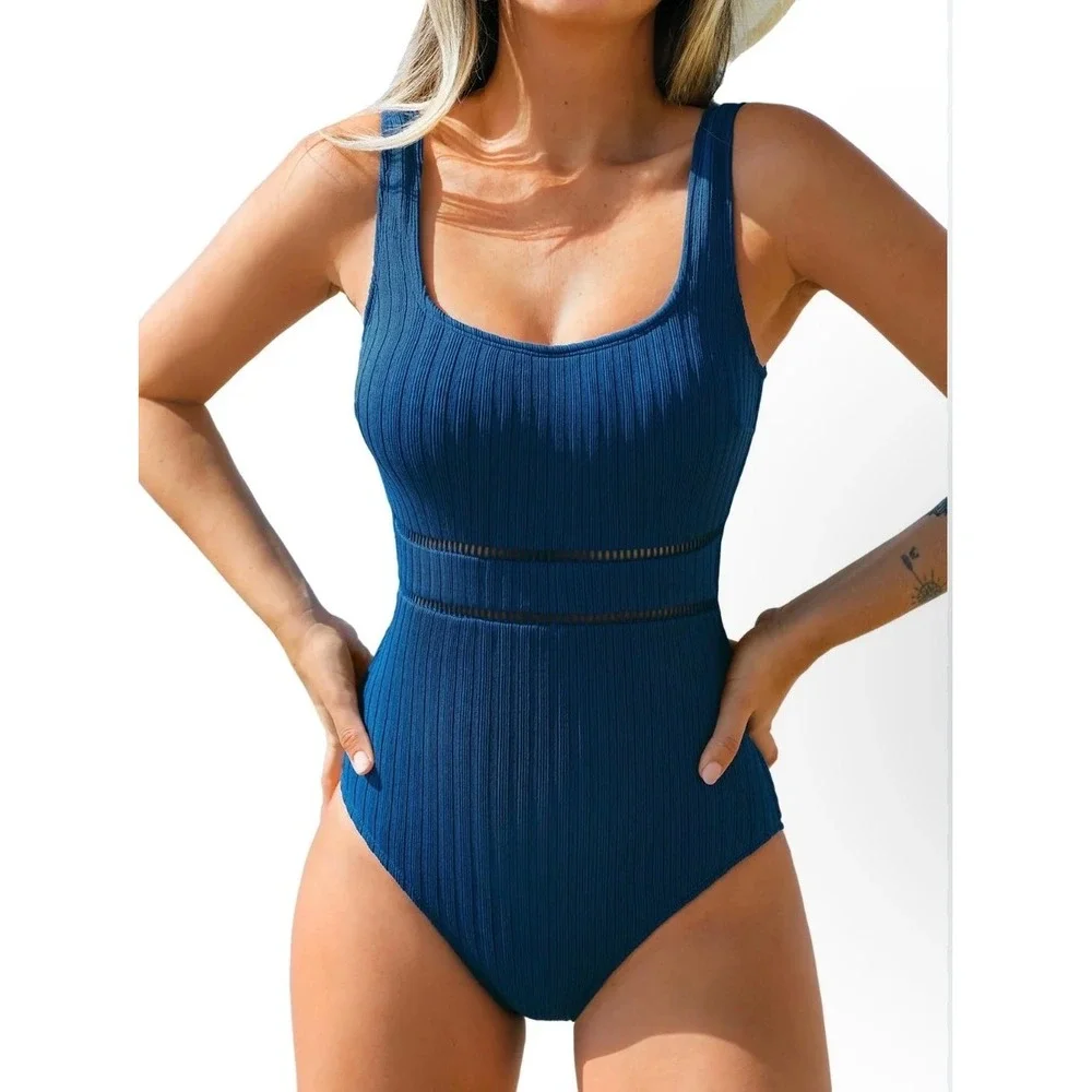 Cupshe Blue Ribbed One Piece Swimsuit Ladder Cutout Scoop Neck DAA12E5B001TT L
